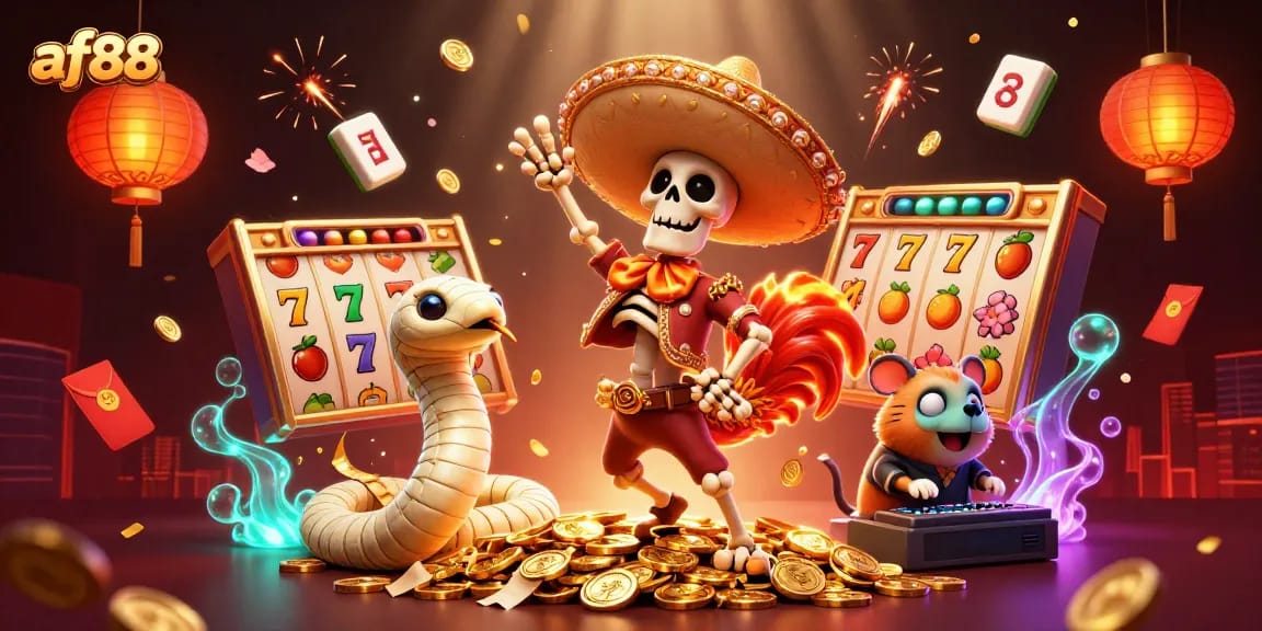 Experience the thrill of af88 with a vibrant casino scene full of animated characters and game elements.