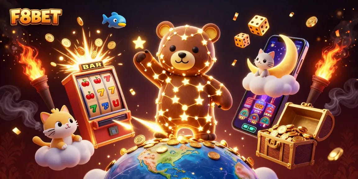 Engage with F8BET's vibrant casino world featuring coins, stars, and animated lucky symbols.