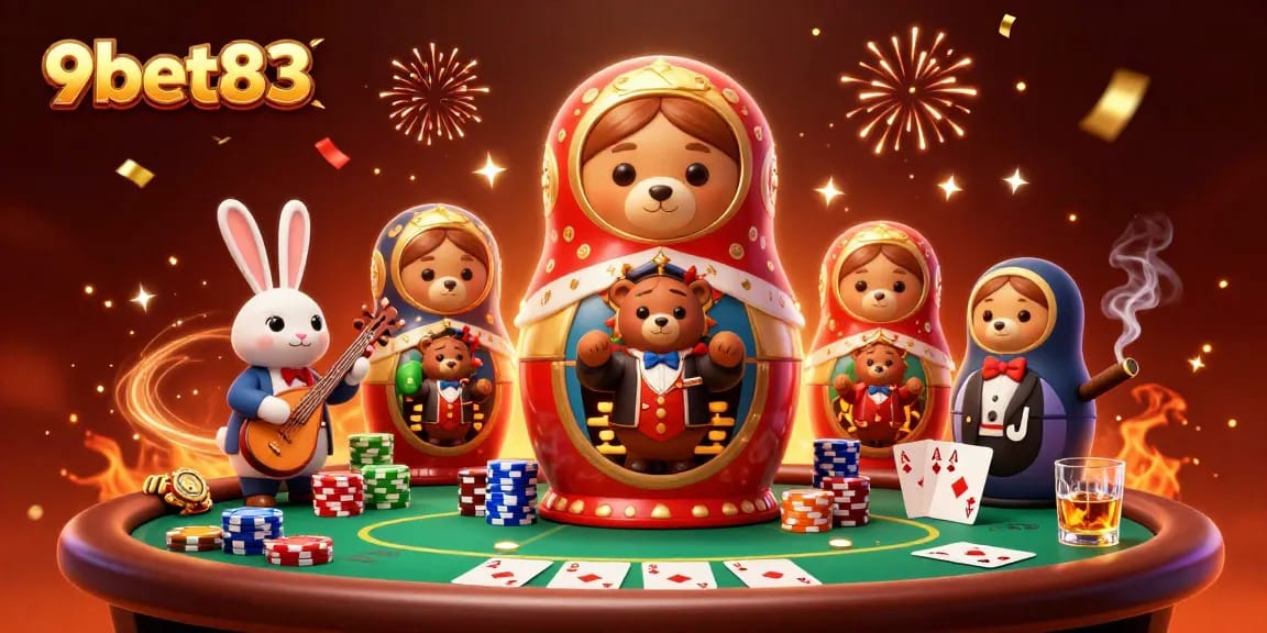 Engage with the excitement of 9bet83 as cartoon bears and a rabbit celebrate over a vibrant casino scene.