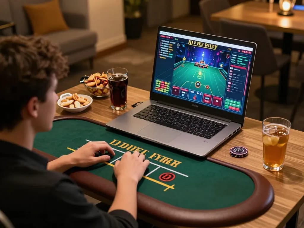 Player enjoying tr88 online blackjack with snacks and modern gaming setup