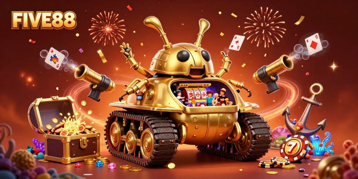 Engage with FIVE88's premium online casino experience through a stunning 3D illustration.