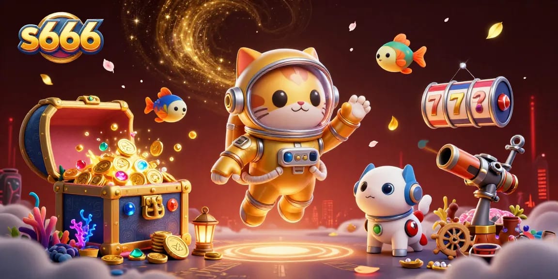 S666 slots adventure featuring a space cat and a robot dog in a vibrant casino backdrop.