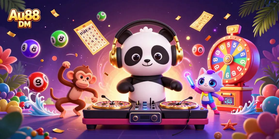 Experience the excitement with Au88 DM in this vibrant 3D casino scene featuring dancing characters and dynamic game elements.