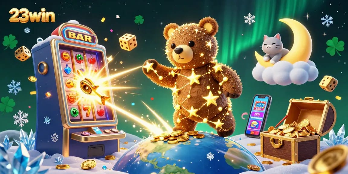 Scoop up exciting winnings with 23win in this vibrant jackpot scene featuring slots and gems.