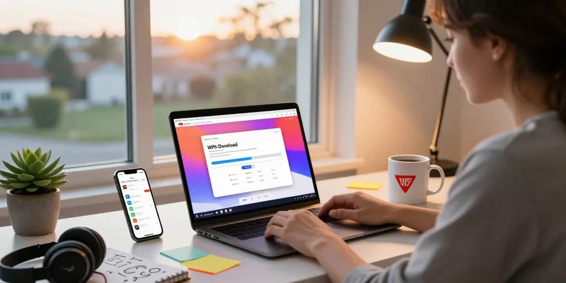 WPS Download process on a laptop in an inviting home office setting with modern workspace elements.