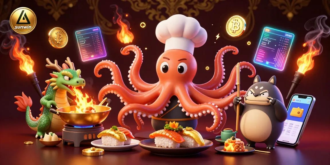 Experience sunwin's lively atmosphere with a sushi chef octopus and dragon in this vibrant casino scene.
