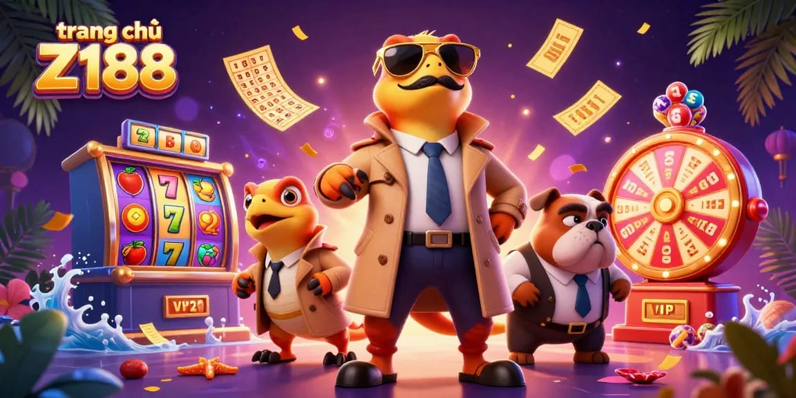 Experience the excitement of trang chủ Z188 with lively cartoon raptors and casino elements.