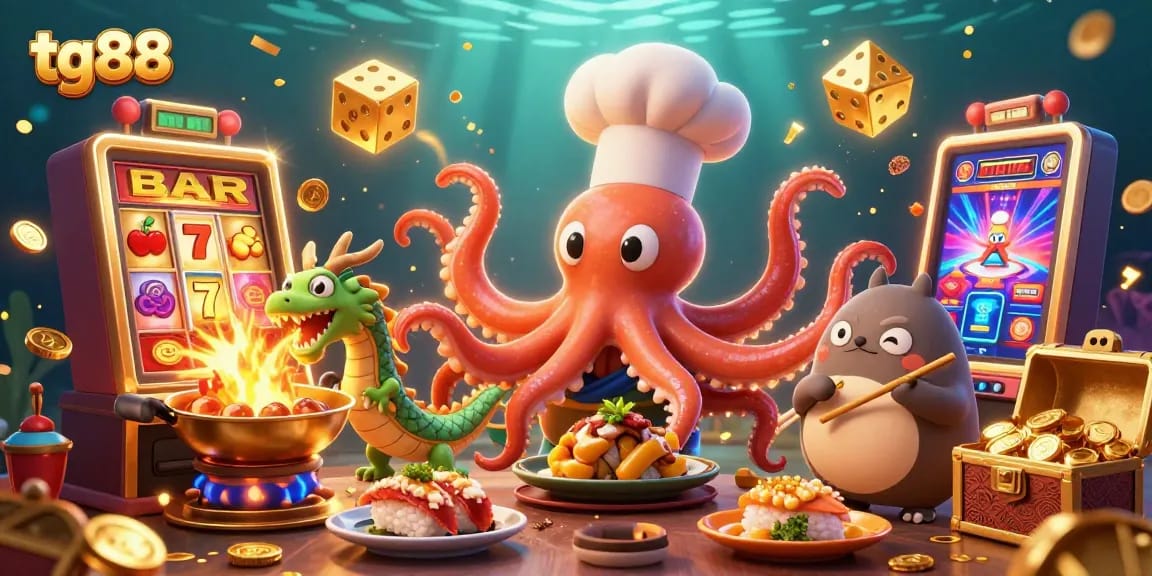 Experience thrilling games at tg88 with a colorful jackpot explosion around cartoon characters.