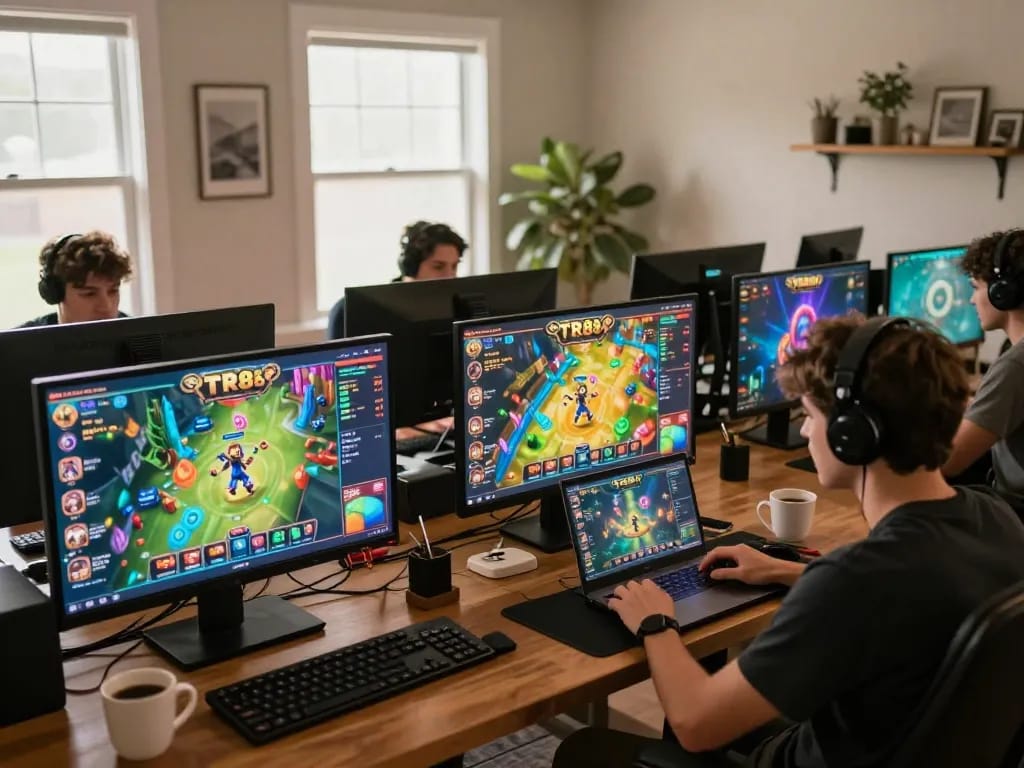 Engaging online gaming experience with TR88 games on laptop, cozy home atmosphere