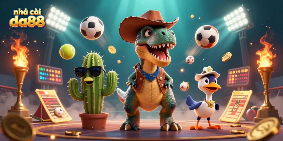 Engage with nhà cái da88 featuring colorful characters and dynamic sports elements in a vibrant casino scene.