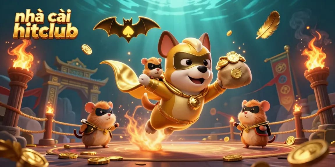 Engaging scene of nhà cái hitclub with superhero dog and hamster amidst casino-related elements, symbolizing excitement.