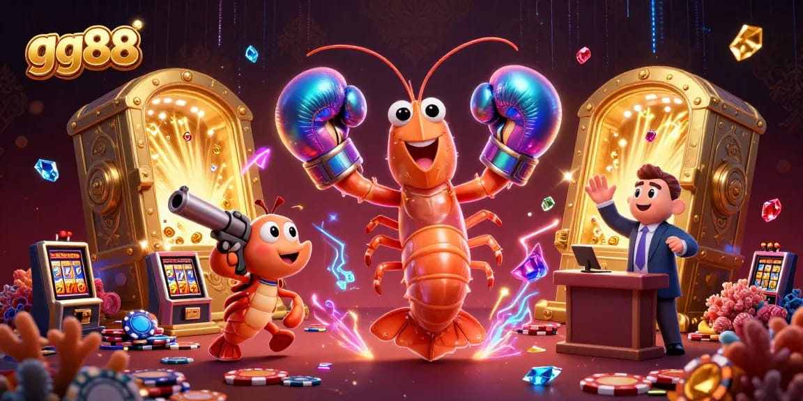 Experience thrilling gaming at gg88 with a vibrant, dynamic casino scene featuring playful characters and dazzling prizes.