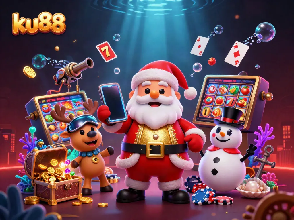 ku88 gaming experience featuring Santa in a casino setting with jackpot symbols and festive atmosphere