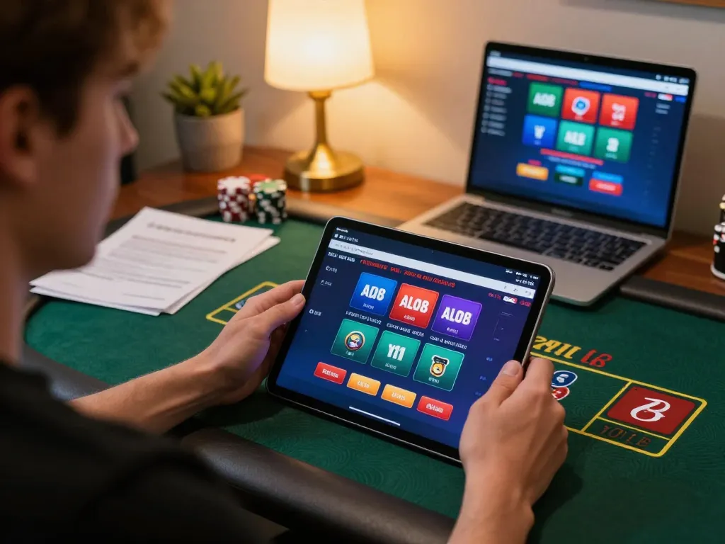 Player engaging with the ALO8 casino app on a tablet, showcasing an exciting online gaming experience