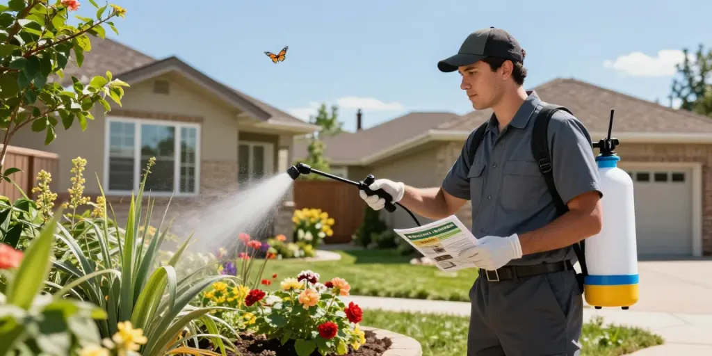 Pest control Calgary technician applying eco-friendly treatment in residential backyard.
