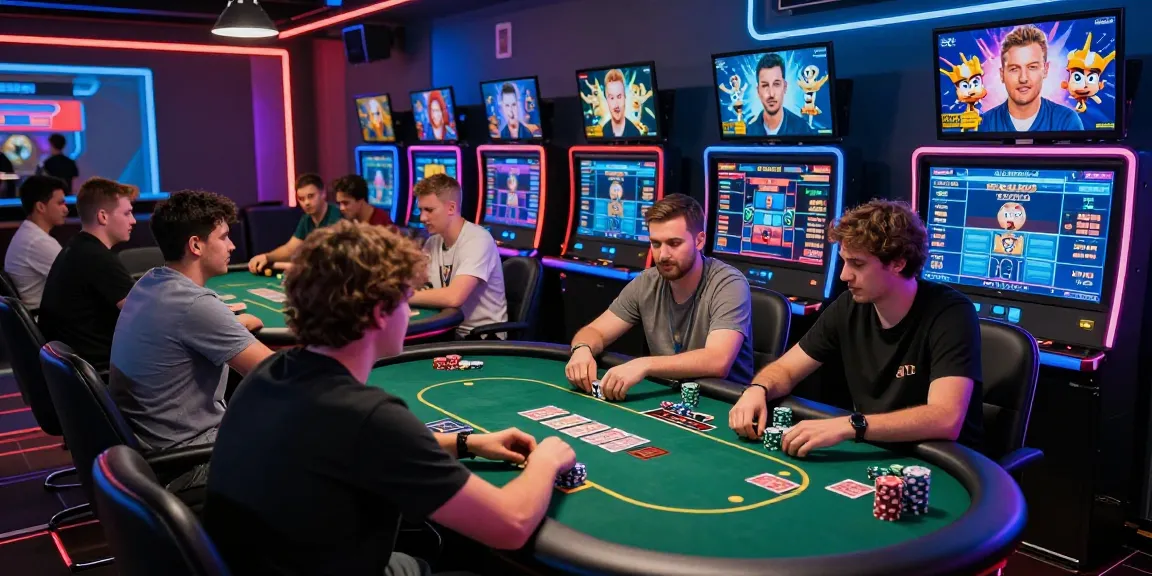 Exciting gaming scene featuring players at a rikvip online poker lounge, vibrant atmosphere with colorful lights and game action.