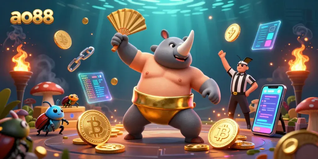 Engage with ao88's vibrant gaming scene featuring a sumo beetle sending coins flying in a dynamic 3D world.