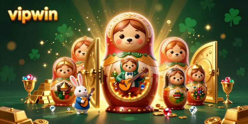 Experience the excitement of vipwin with vibrant casino characters and dazzling treasures in a captivating scene.
