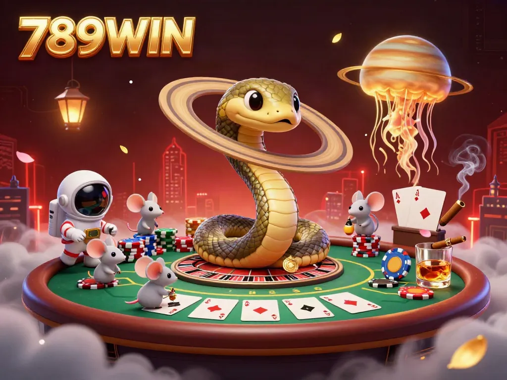 Capture the excitement of betting at 789WIN with a unique casino scene featuring a Saturn ring snake, astronaut mice, and cosmic dealer.