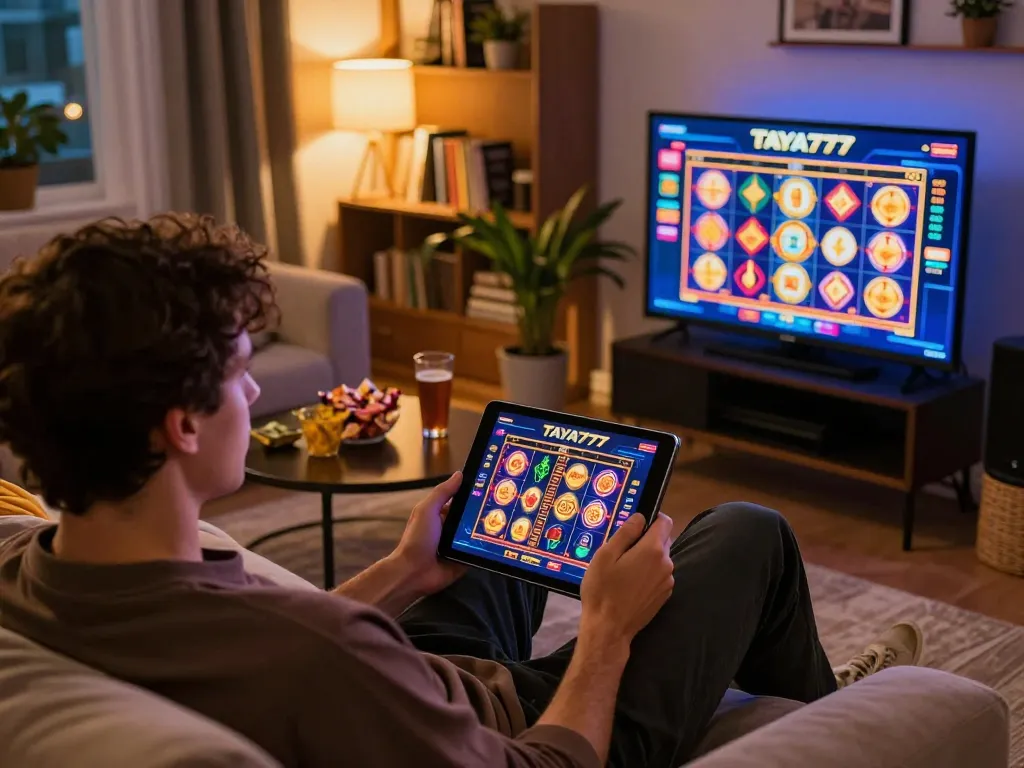 TAYA777 player enjoying online slots on a cozy sofa, showcasing immersive gaming atmosphere