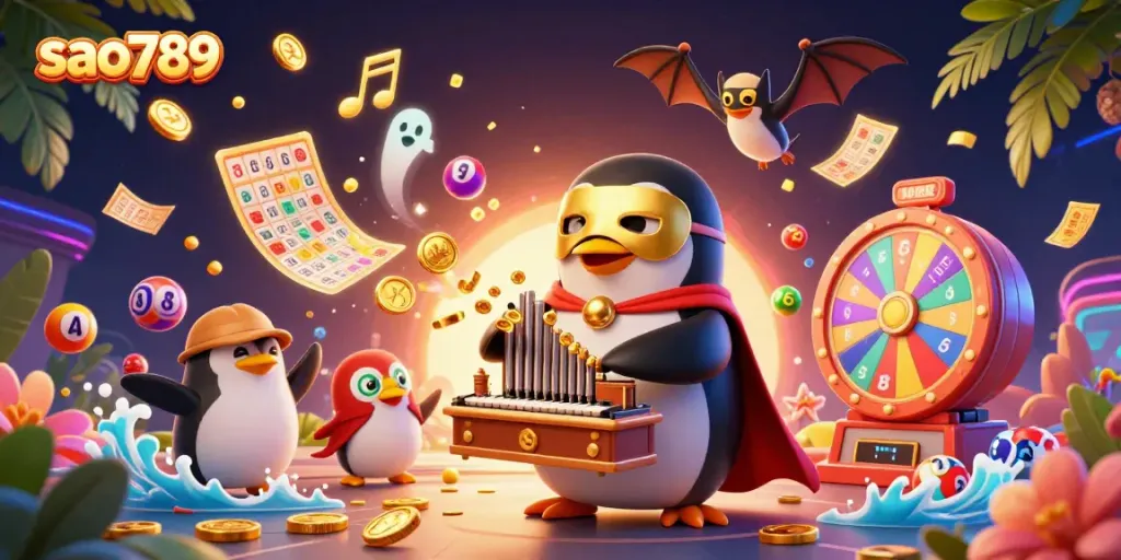 Engage in thrilling gameplay with sao789 featuring a cartoon penguin and vibrant lottery elements.