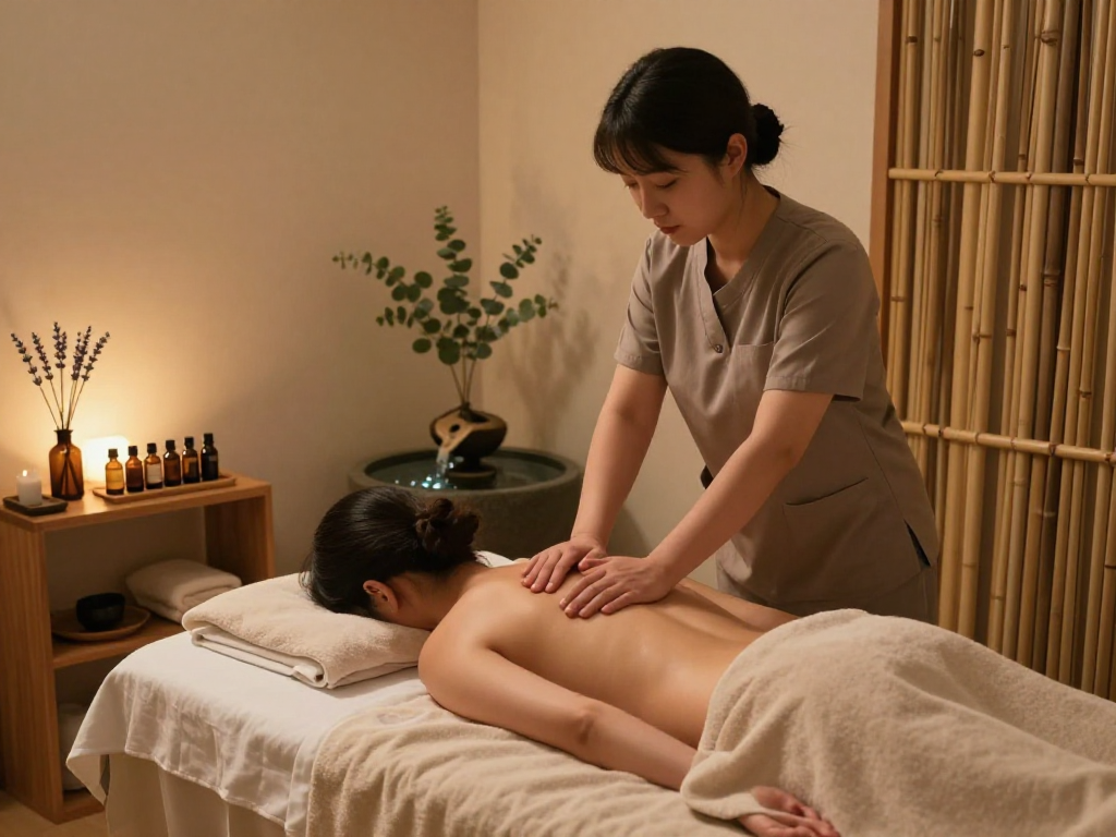 Therapist performing 구로출장안마 in a serene massage studio with calming decor.