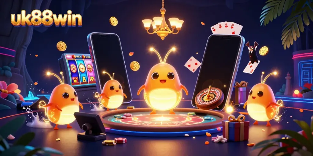 Engage with the vibrant atmosphere of uk88win at a magical cave casino illuminated by glowworms, showcasing exciting gaming elements.