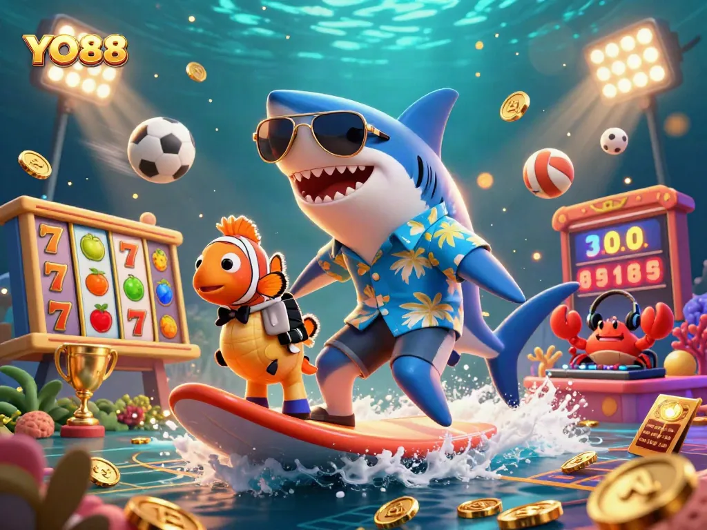 Join the YO88 adventure with a shark and friends on a treasure wave of casino excitement.