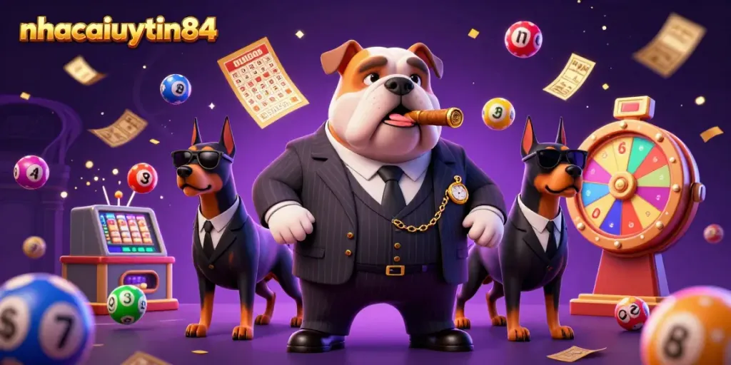 Exciting gambling scene showcasing nhacaiuytin84 with a mafia bulldog and lottery elements for an engaging casino experience.