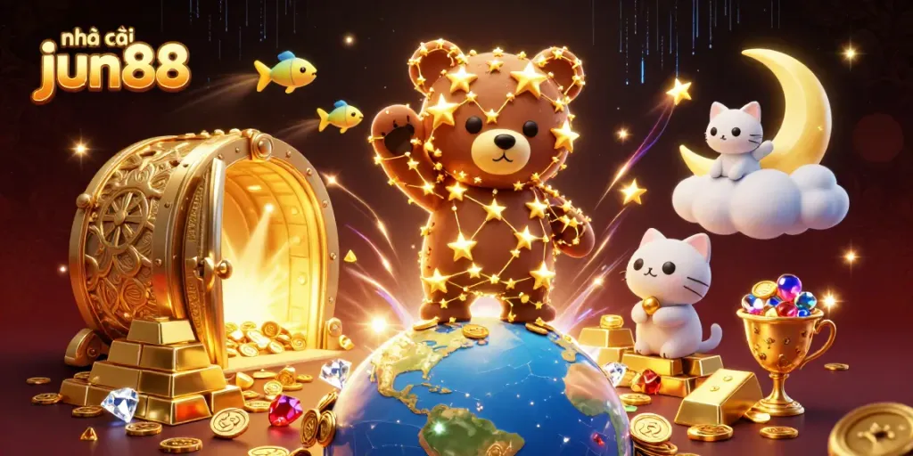 Trải nghiệm tại nhà cái jun88 với biểu tượng đậm chất casino và kho báu lấp lánh