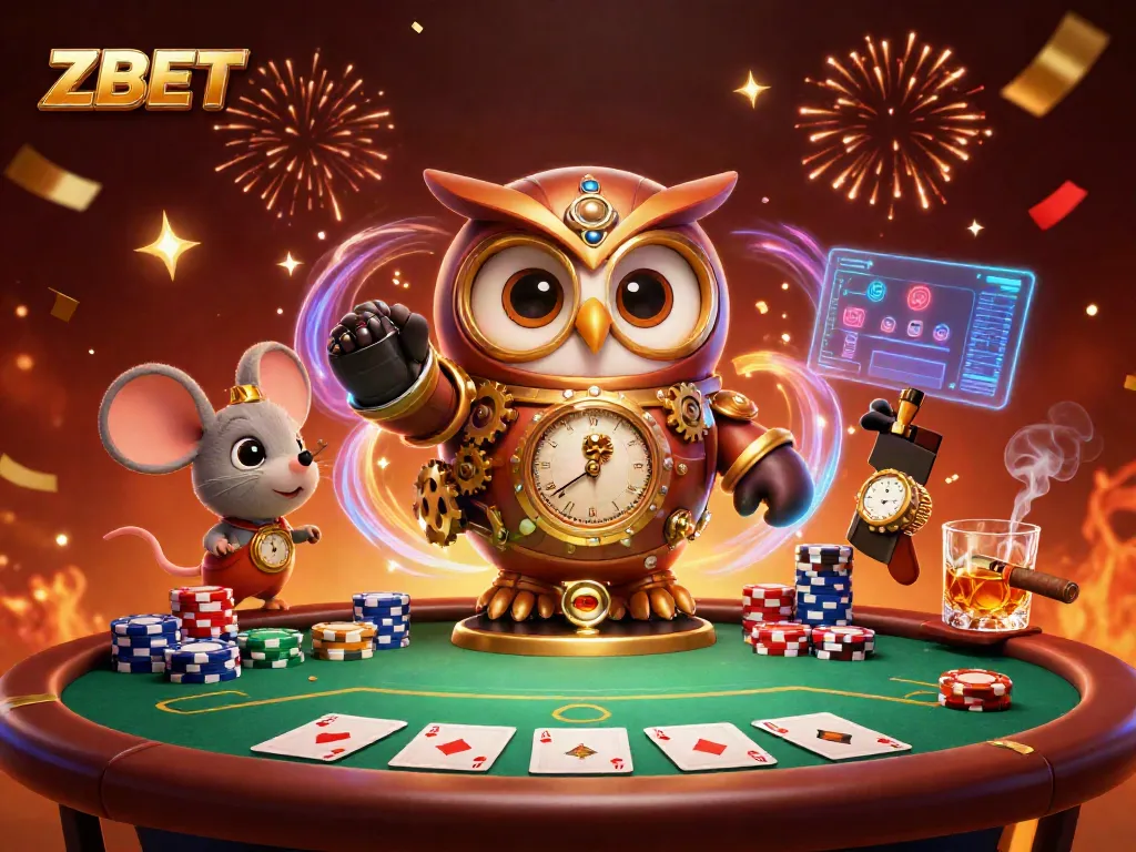 ZBET gamblers engage in lively poker gameplay surrounded by vibrant casino elements.