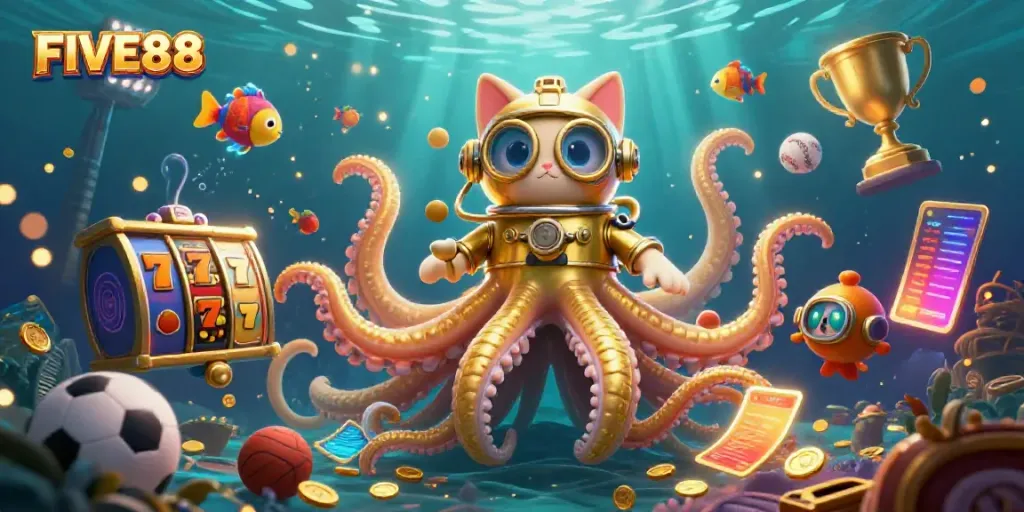 Experience the excitement of FIVE88 with a giant kraken and diving cat in an enriching casino setting.