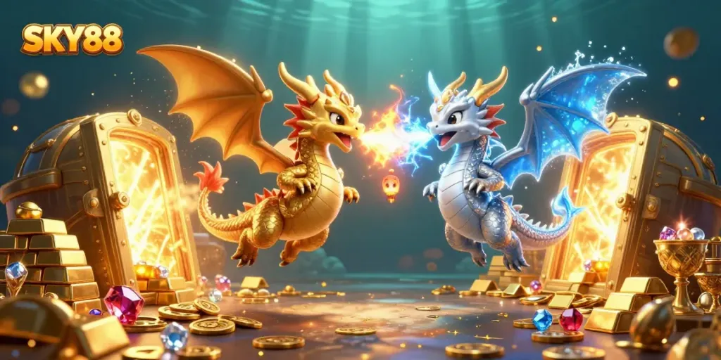 Experience thrilling gameplay with SKY88, showcasing dynamic dragons amidst gold and gems at a vibrant casino.