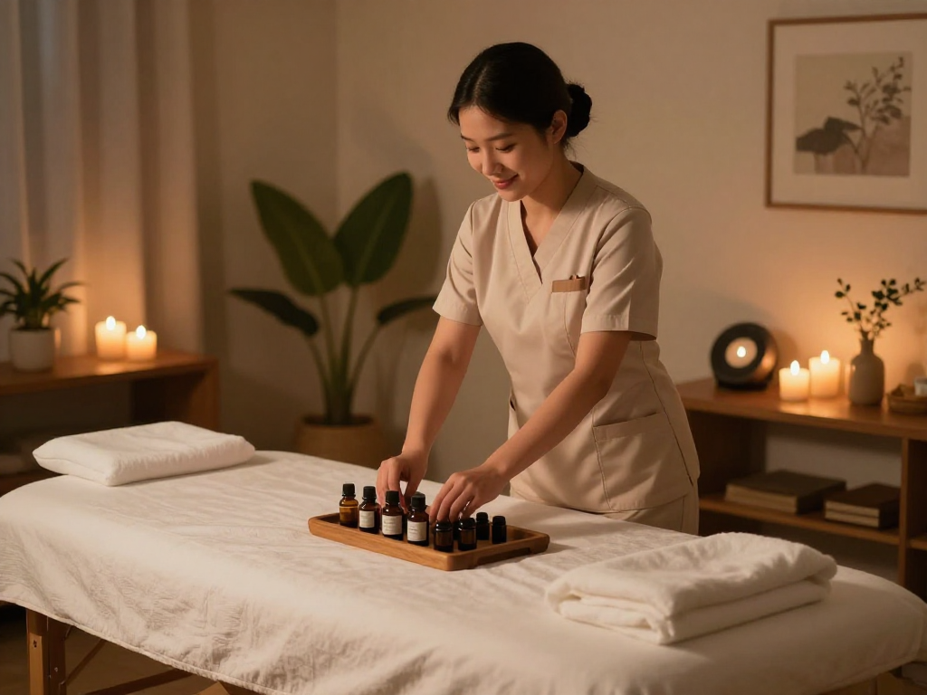 Experience premium 하남출장마사지 with a professional therapist preparing a serene home massage environment.