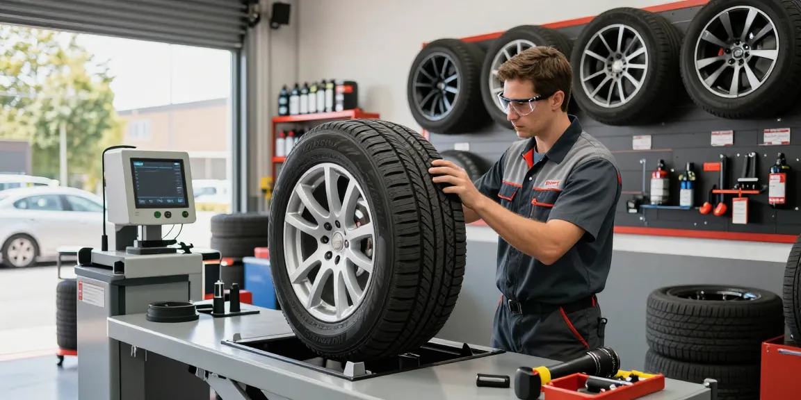 Technician inspecting Double Coin RR99 tire in a bright workshop with tools, showcasing expertise in tire service.