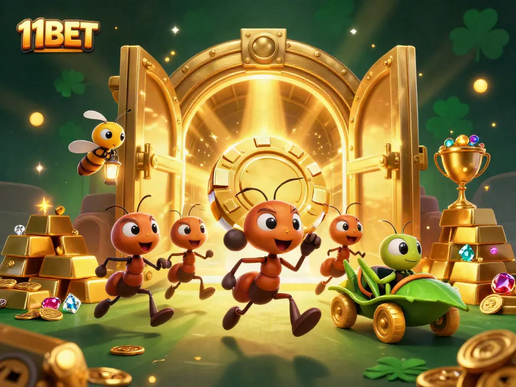 11BET ants executing a casino heist with golden poker chips and riches in a vivid digital illustration.