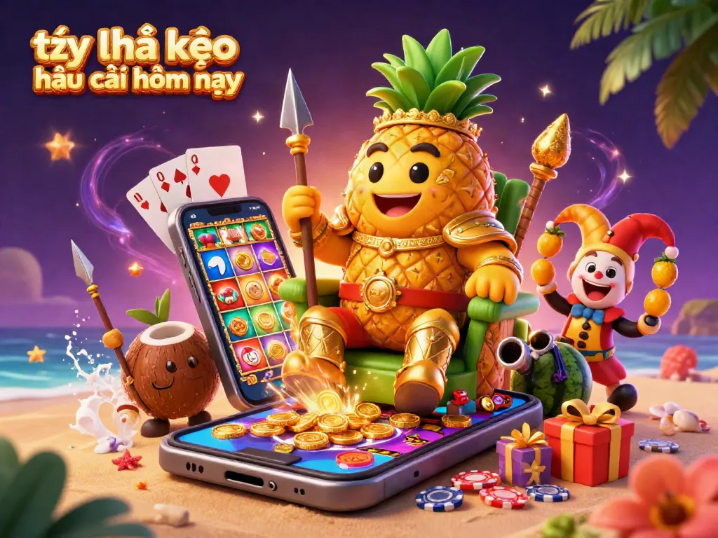 Tỷ lệ kèo nhà cái hôm nay illustrated as a vibrant 3D scene showcasing the pineapple king and casino elements.