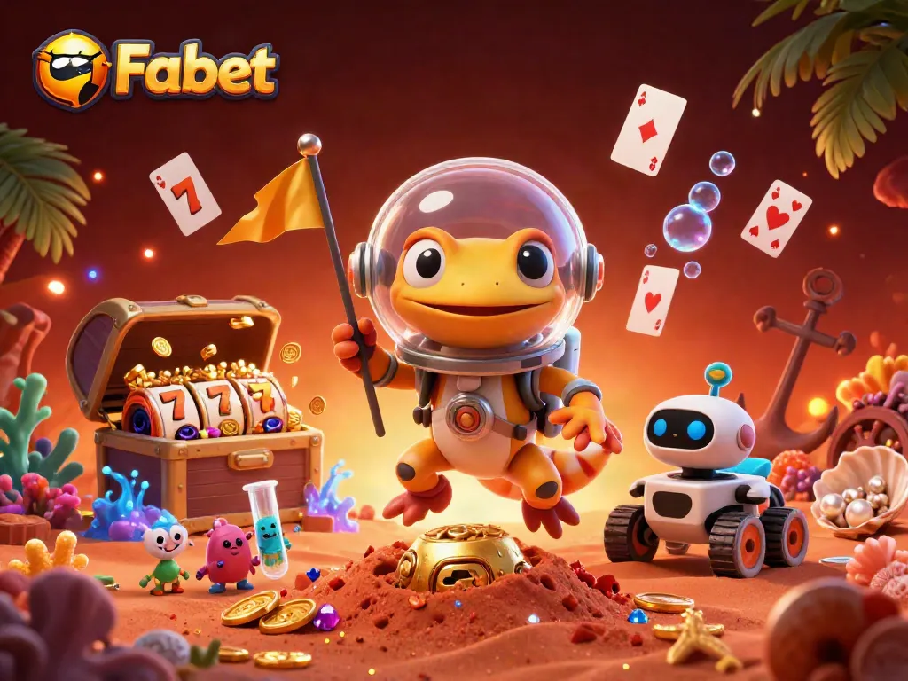 Bet big with Fabet at a vibrant Martian casino, featuring golden treasures and playful aliens.