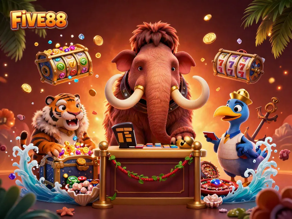 Experience the vibrant casino atmosphere with FIVE88, featuring a woolly mammoth bouncer and VIP guests.