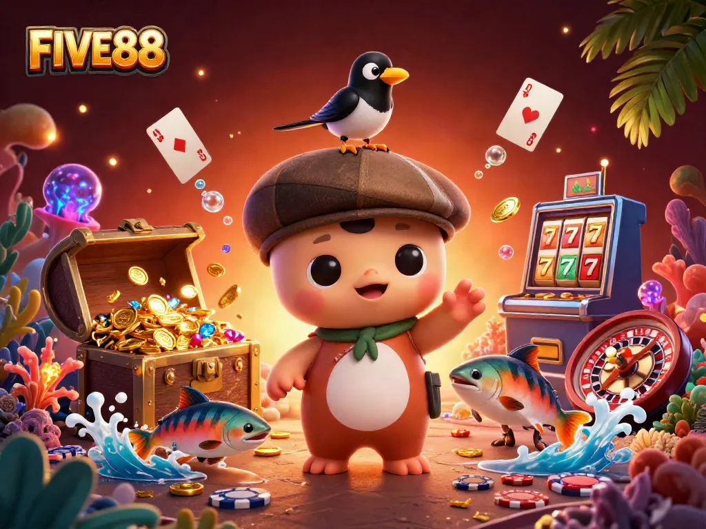 Experience FIVE88’s vibrant casino atmosphere with adorable characters and dynamic gaming elements.