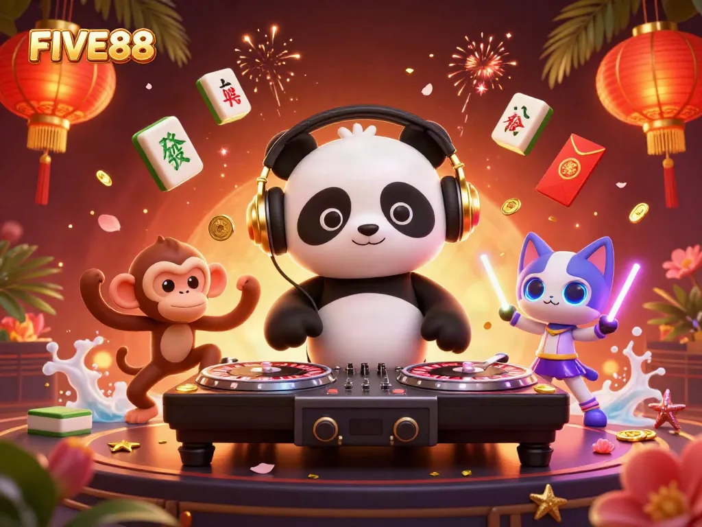 Engage with exciting gaming at FIVE88 featuring vibrant 3D casino characters and dynamic elements.