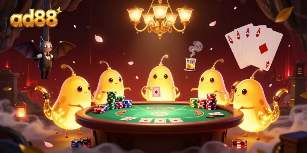 Engage in thrilling poker action at AD88 with glowworms illuminating a vibrant casino scene.