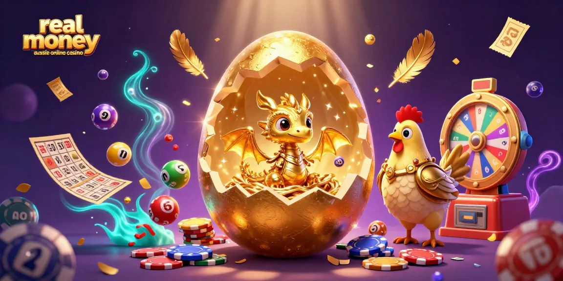 Experience the thrill of real money aussie online casino with a golden dragon amidst lottery elements.