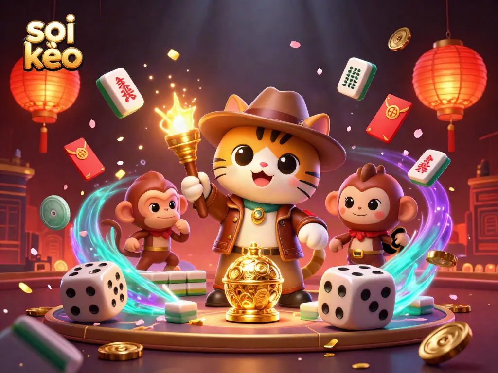 Soi kèo featuring a 3D cat explorer uncovering casino treasures and gold artifacts in a vibrant animated casino temple scene.
