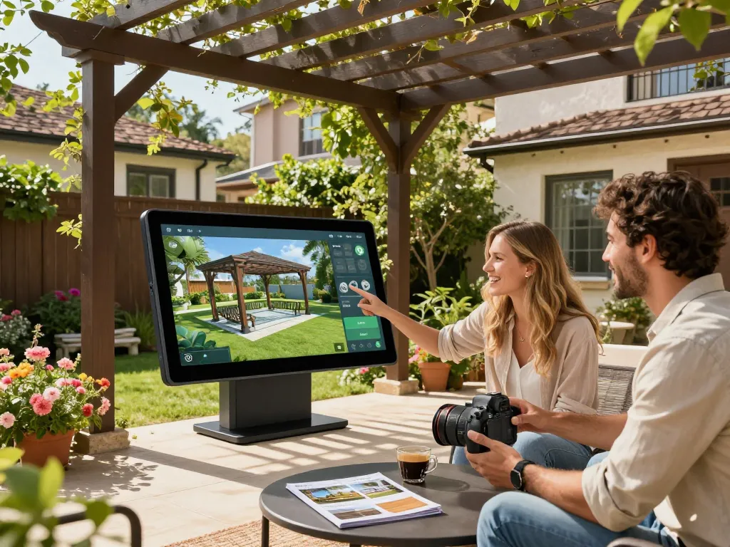 Couple using Pergola Configurator Software in a sunny backyard, visualizing custom pergola designs.