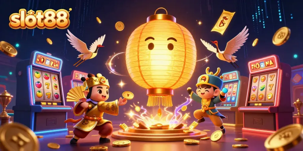 Spin slot88 reels with glowing golden lantern spirit above a dynamic casino scene.