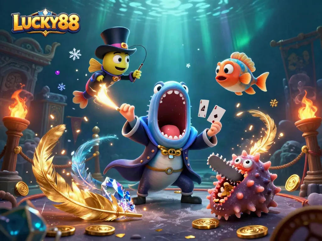 Experience the excitement of LUCKY88 with magical sea creatures in this vibrant casino-themed illustration.