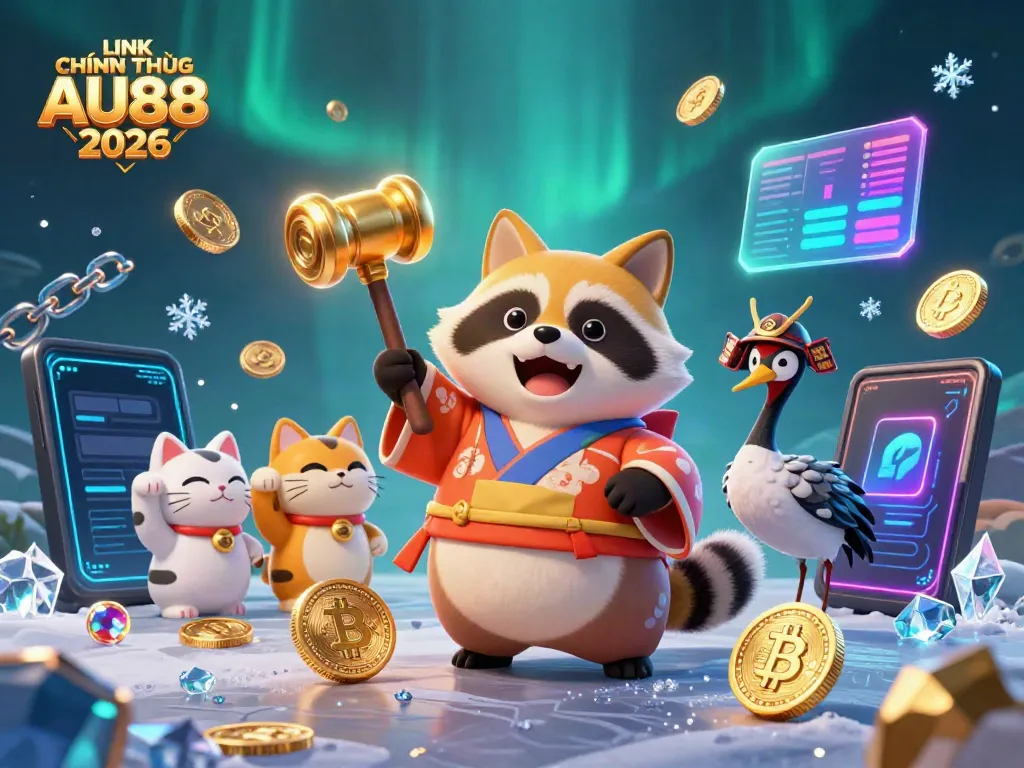 Capture the excitement of LINK CHÍNH THỨC AU88 2026 with cheerful tanuki and vibrant maneki-neko amidst crypto elements.