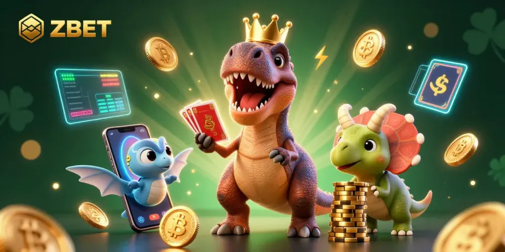 ZBET brings excitement to your game night with a dynamic casino scene featuring cartoon characters engaging in card play and chip stacking.