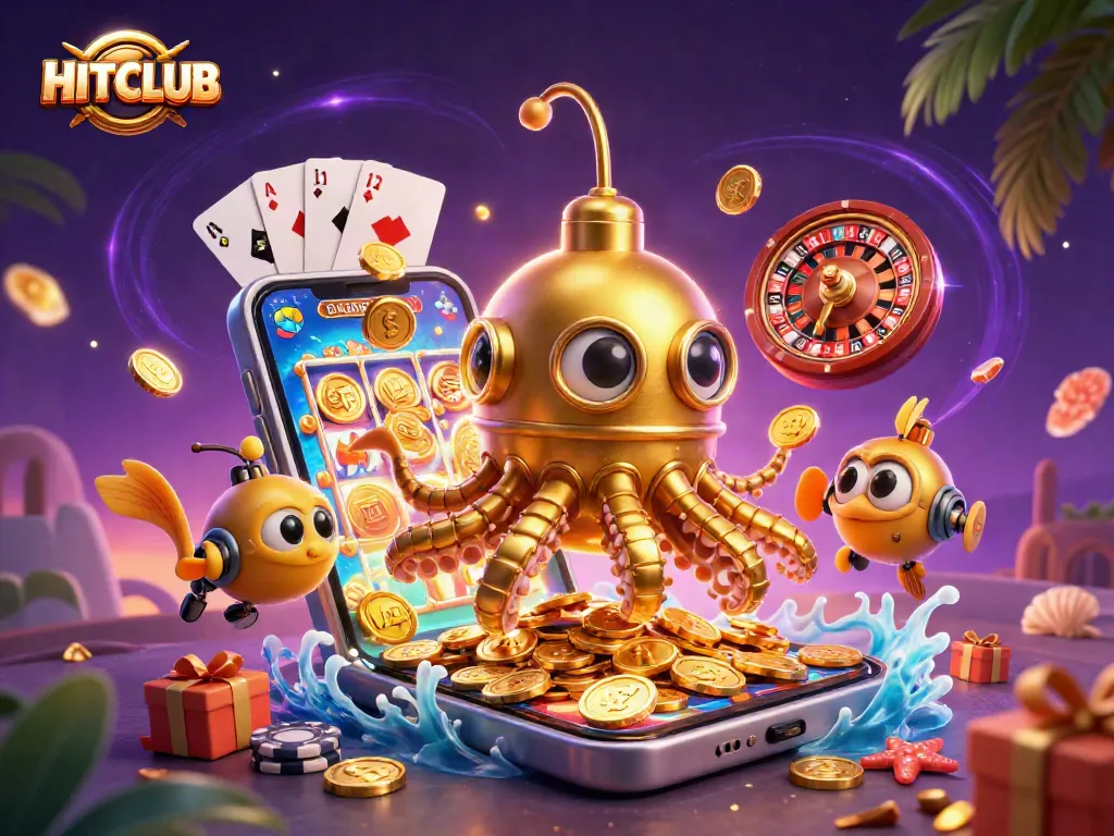 Spin to win at HITCLUB with a vibrant kraken submarine in a treasure-filled casino world.
